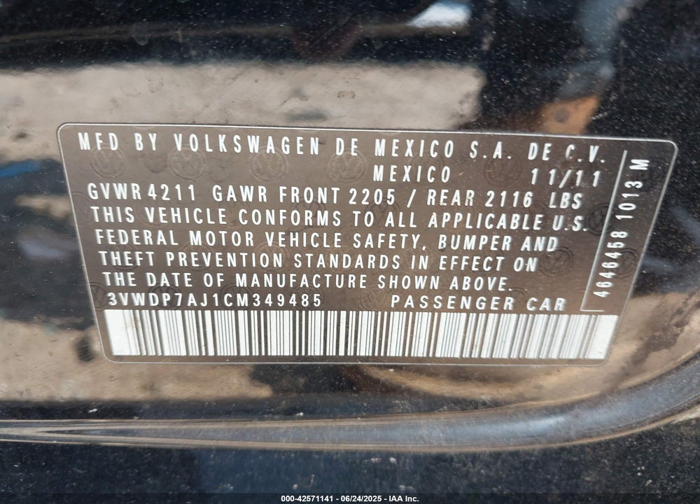 2012 VOLKSWAGEN JETTA VIN: 3VWDP7AJ1CM349485