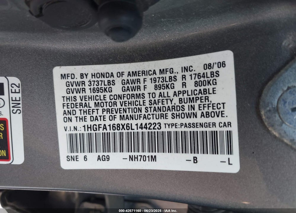2006 HONDA CIVIC VIN: 1HGFA168X6L144223