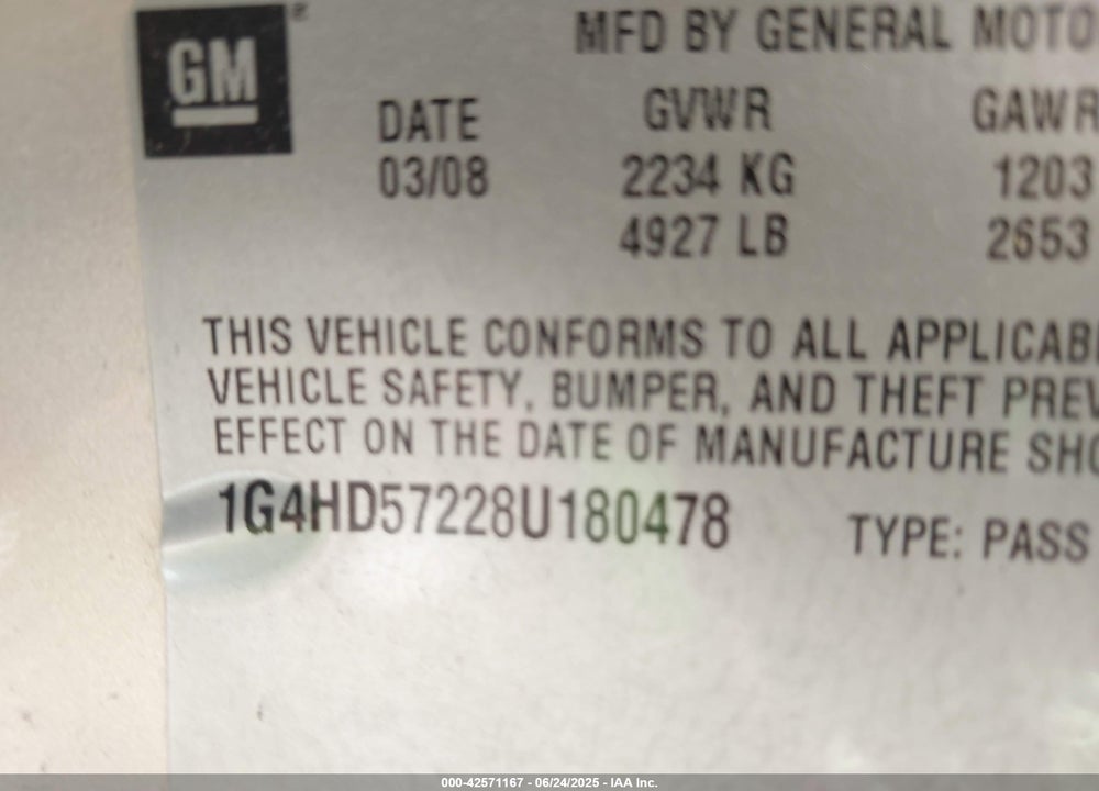 2008 BUICK LUCERNE CXL VIN: 1G4HD57228U180478