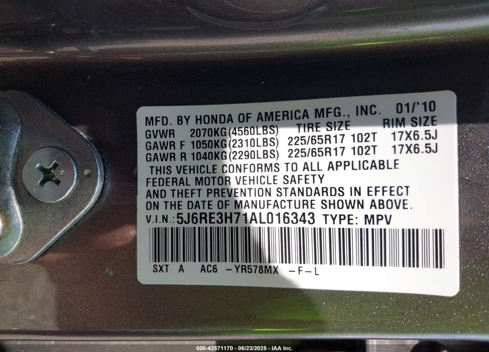 2010 HONDA CR-V VIN: 5J6RE3H71AL016343