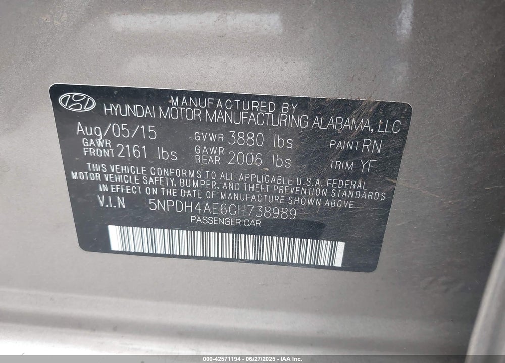 2016 HYUNDAI ELANTRA SE VIN: 5NPDH4AE6GH738989