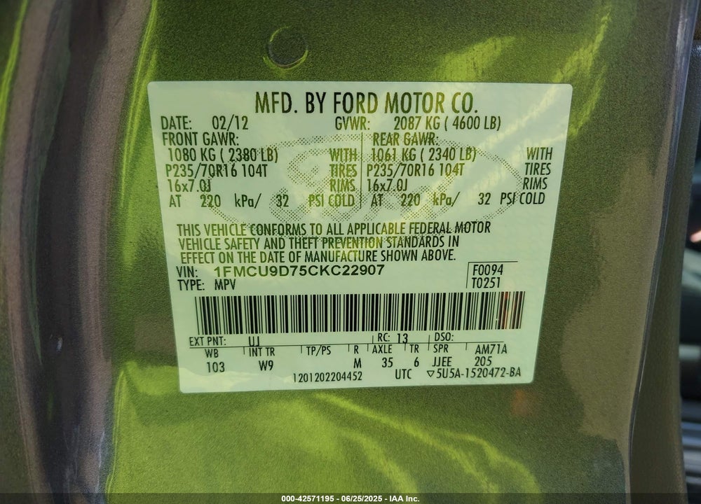 2012 FORD ESCAPE VIN: 1FMCU9D75CKC22907