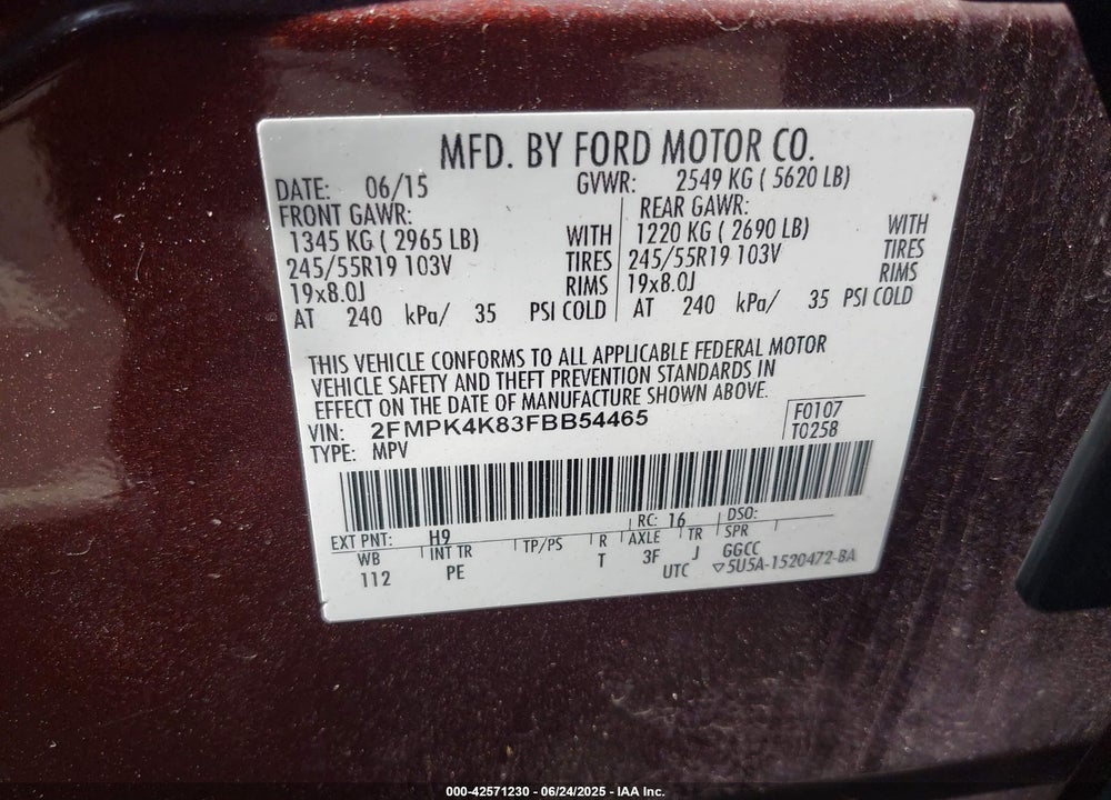 2015 FORD EDGE VIN: 2FMPK4K83FBB54465