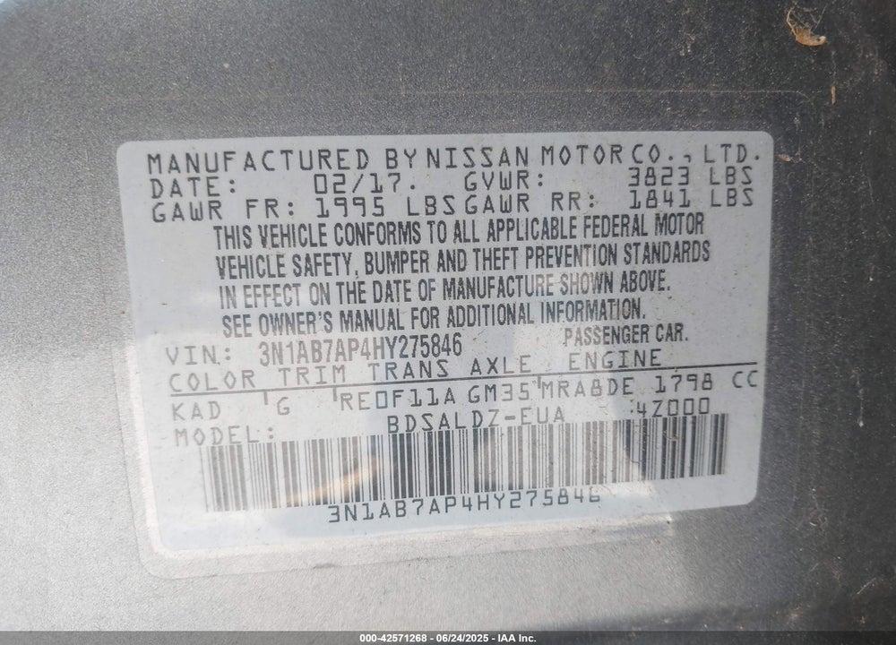 2017 NISSAN SENTRA SV VIN: 3N1AB7AP4HY275846