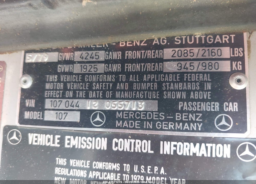 1979 MERCEDES-BENZ SL CLASS VIN: 10704412055713