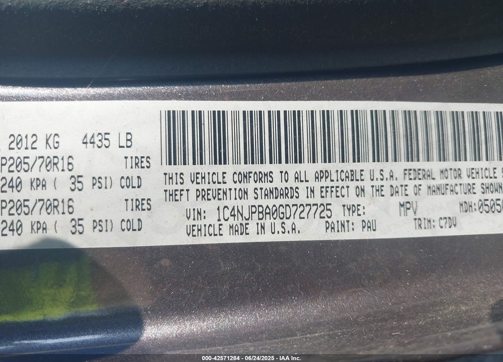 2016 JEEP PATRIOT SPORT VIN: 1C4NJPBA0GD727725
