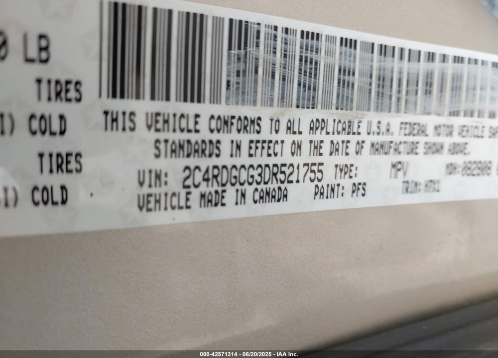 2013 DODGE GRAND CARAVAN VIN: 2C4RDGCG3DR521755