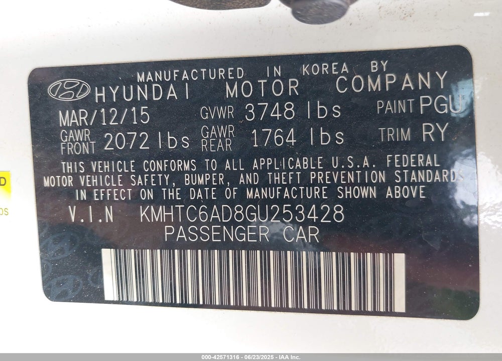 2016 HYUNDAI VELOSTER VIN: KMHTC6AD8GU253428