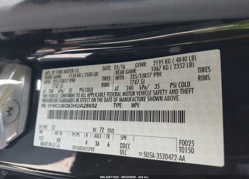 2017 FORD ESCAPE SE VIN: 1FMCU9G93HUA28692