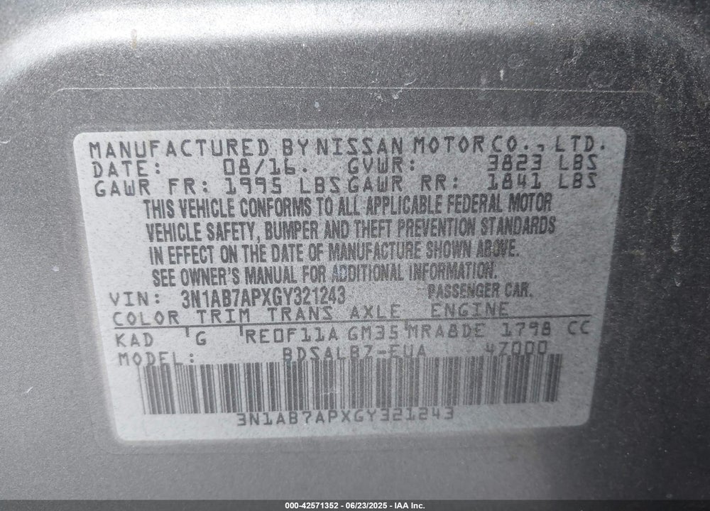 2016 NISSAN SENTRA VIN: 3N1AB7APXGY321243