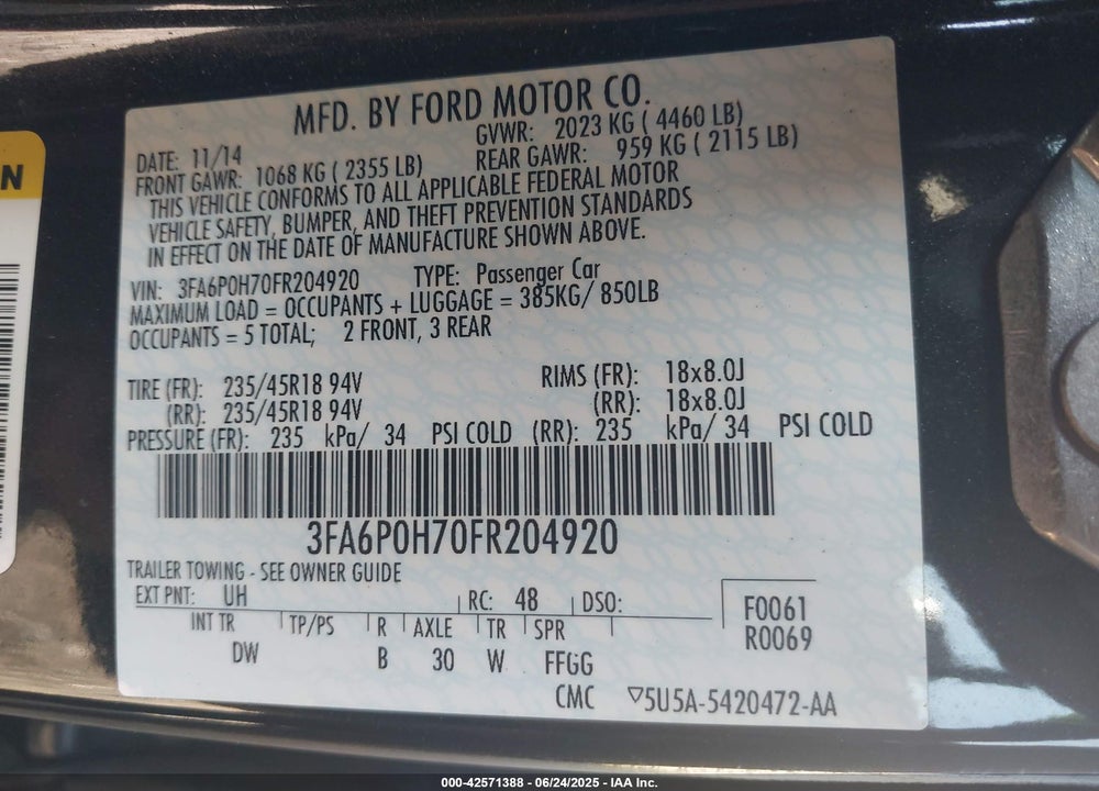 2015 FORD FUSION VIN: 3FA6P0H70FR204920