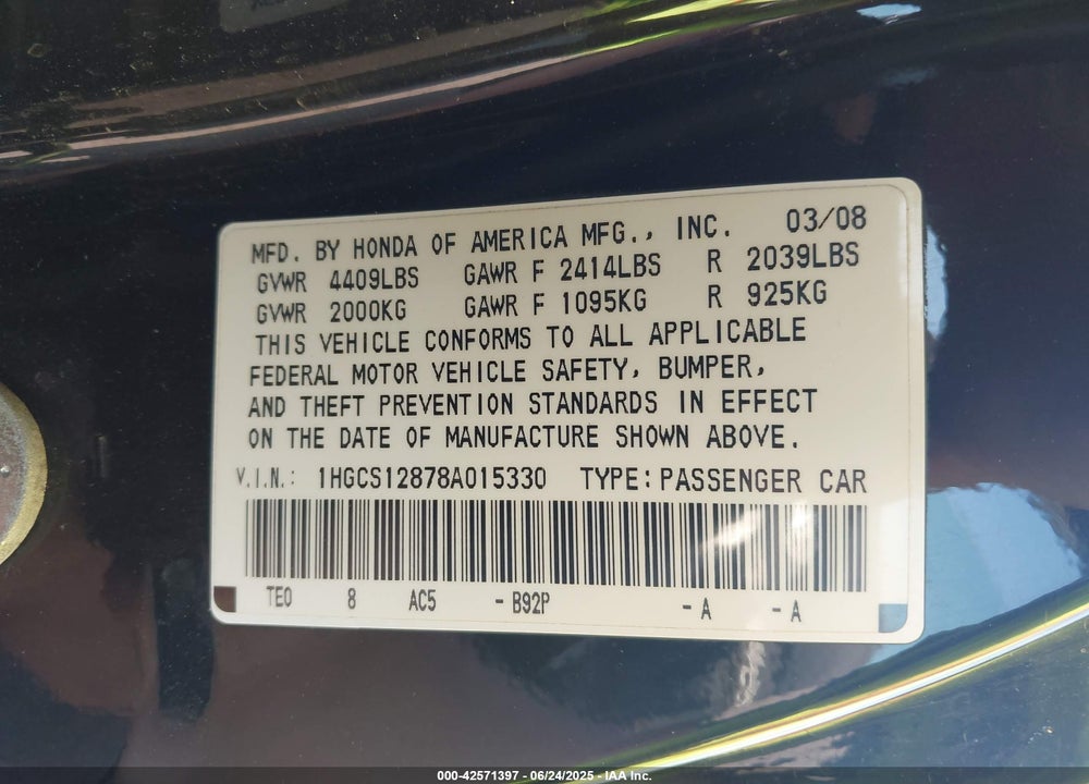 2008 HONDA ACCORD VIN: 1HGCS12878A015330