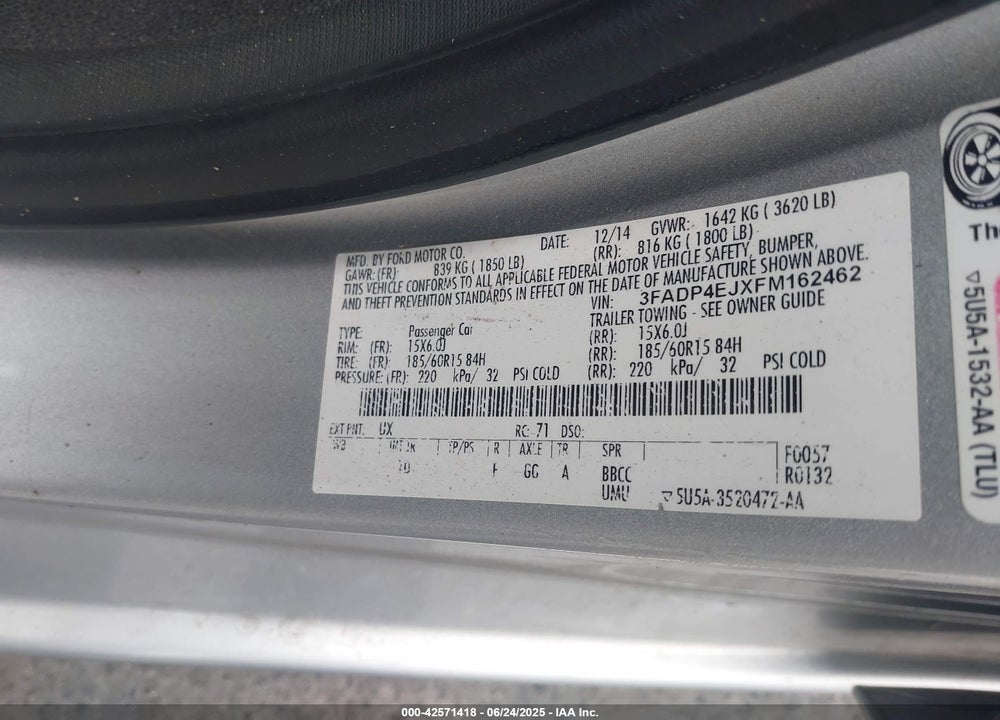 2015 FORD FIESTA SE VIN: 3FADP4EJXFM162462