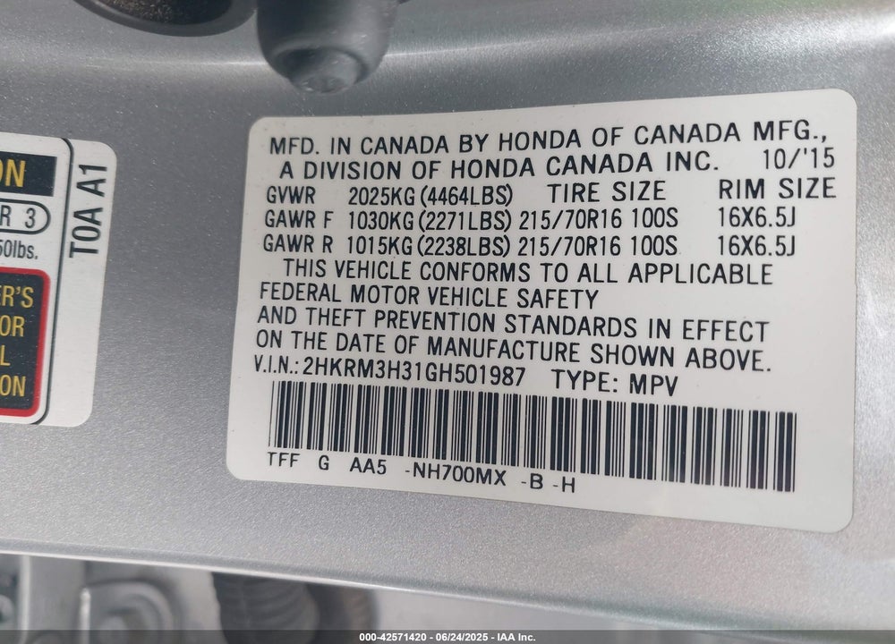 2016 HONDA CR-V VIN: 2HKRM3H31GH501987