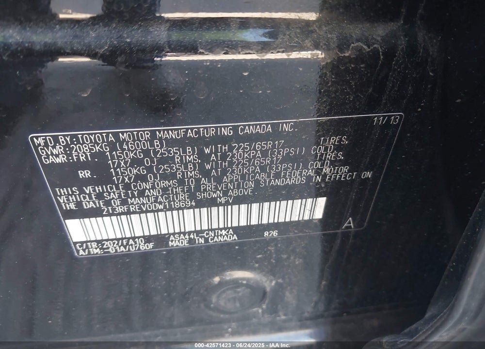 2013 TOYOTA RAV4 VIN: 2T3RFREV0DW118694
