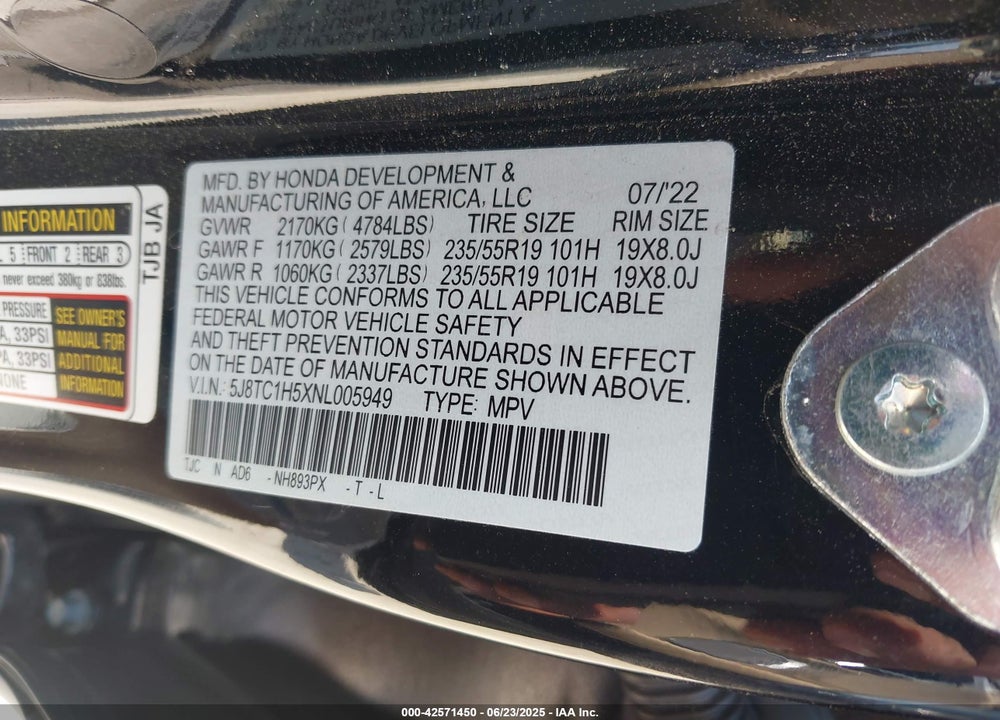 2022 ACURA RDX VIN: 5J8TC1H5XNL005949