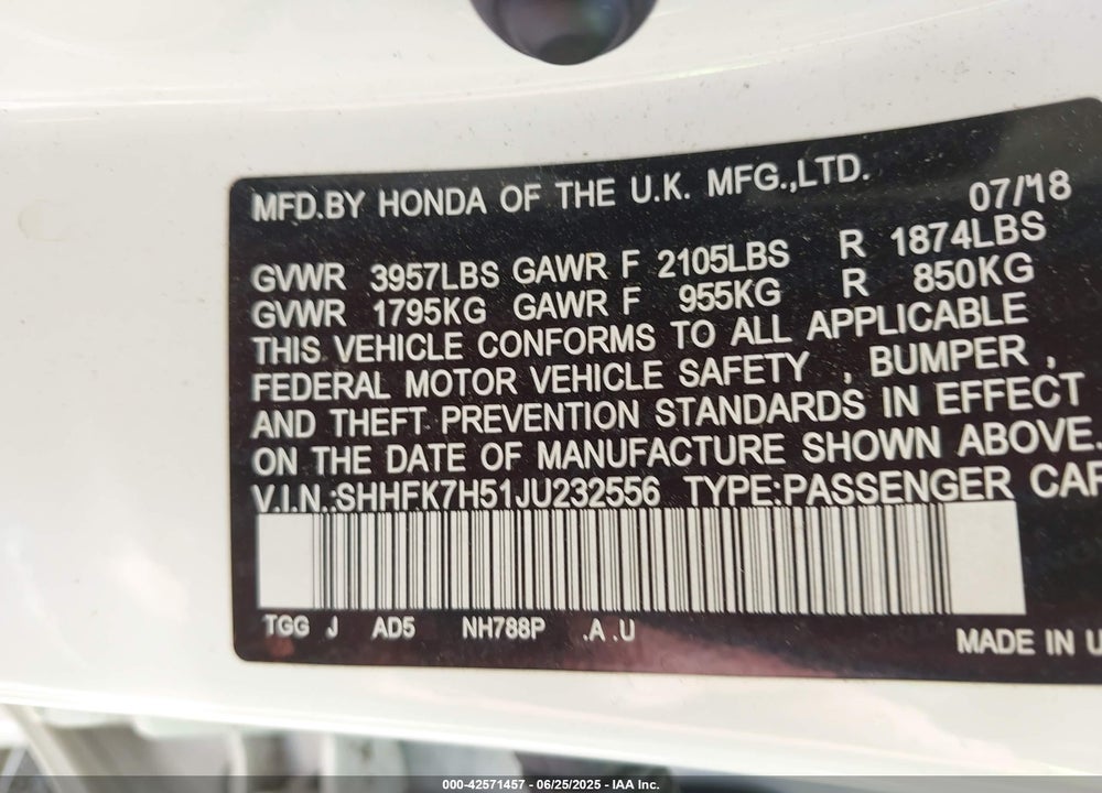 2018 HONDA CIVIC EX VIN: SHHFK7H51JU232556