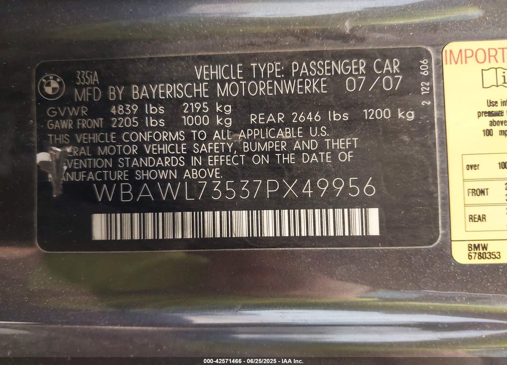 2007 BMW 335I VIN: WBAWL73537PX49956
