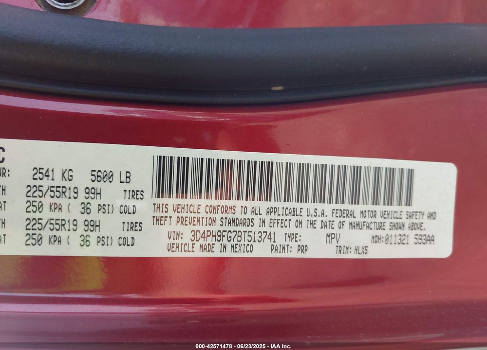2011 DODGE JOURNEY VIN: 3D4PH9FG7BT513741