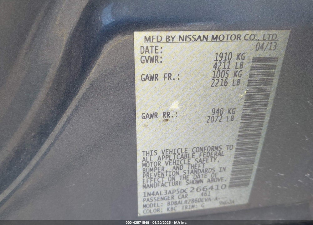 2013 NISSAN ALTIMA VIN: 1N4AL3AP5DC266410
