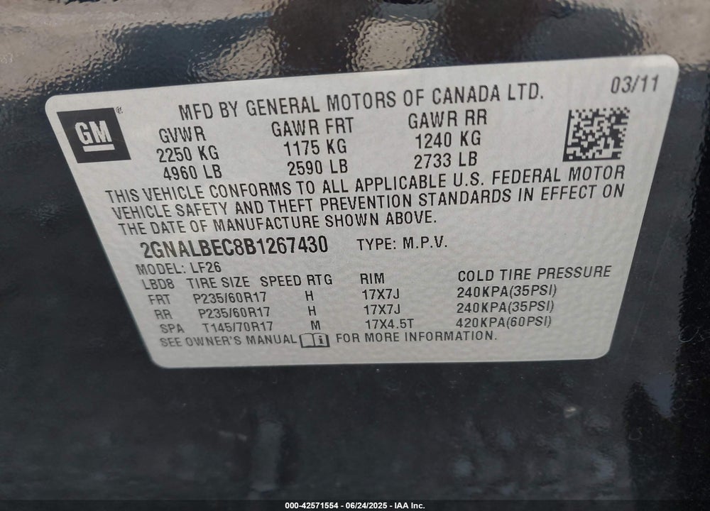 2011 CHEVROLET EQUINOX VIN: 2GNALBEC8B1267430