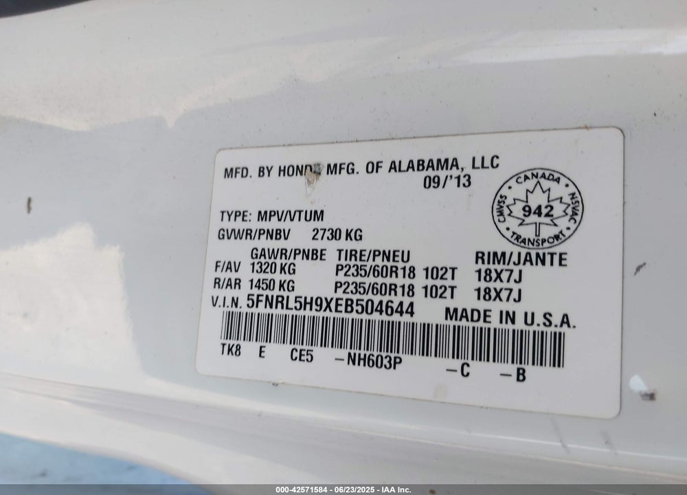 2014 HONDA ODYSSEY TOURING/TOURING ELITE VIN: 5FNRL5H9XEB504644