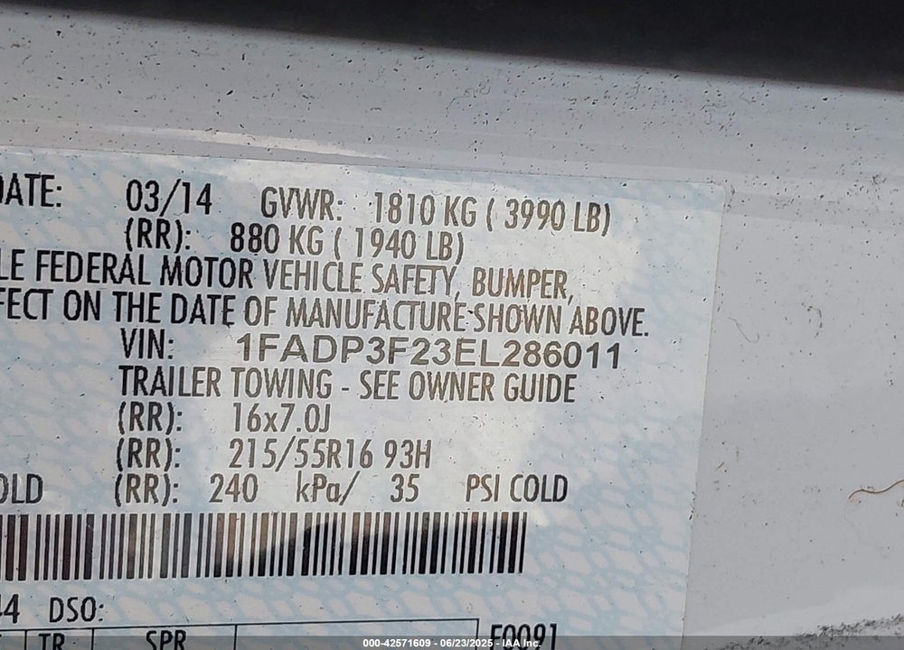 2014 FORD FOCUS VIN: 1FADP3F23EL286011