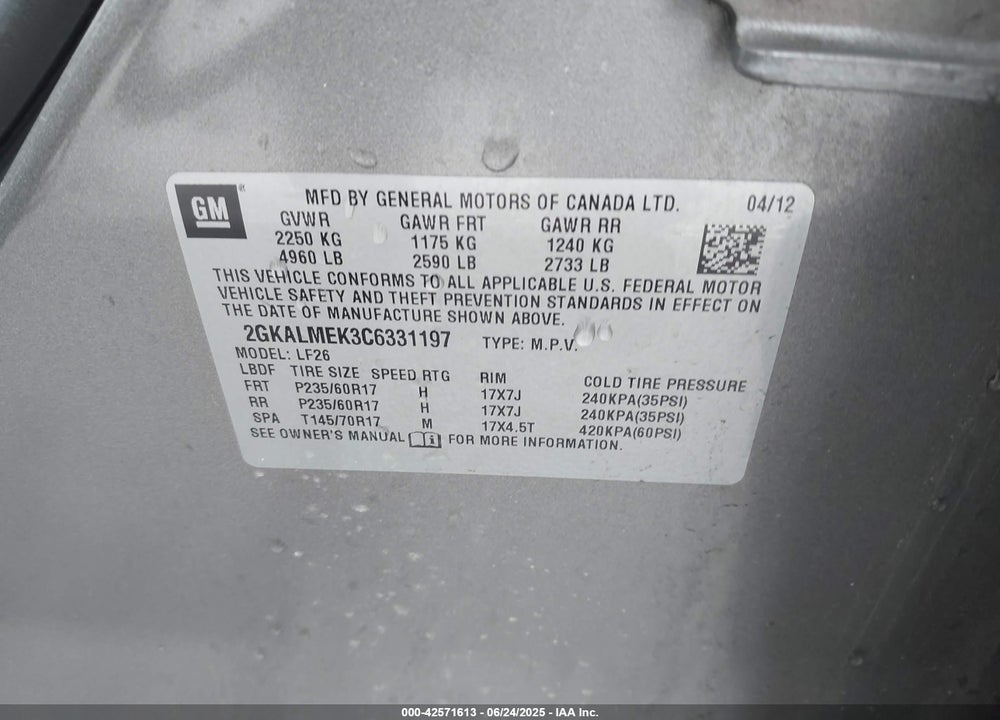 2012 GMC TERRAIN SLE-1 VIN: 2GKALMEK3C6331197