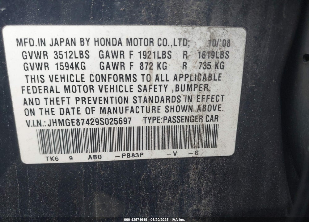 2009 HONDA FIT SPORT VIN: JHMGE87429S025697
