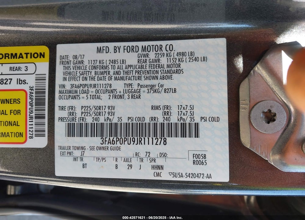 2018 FORD FUSION ENERGI SE LUXURY VIN: 3FA6P0PU9JR111278