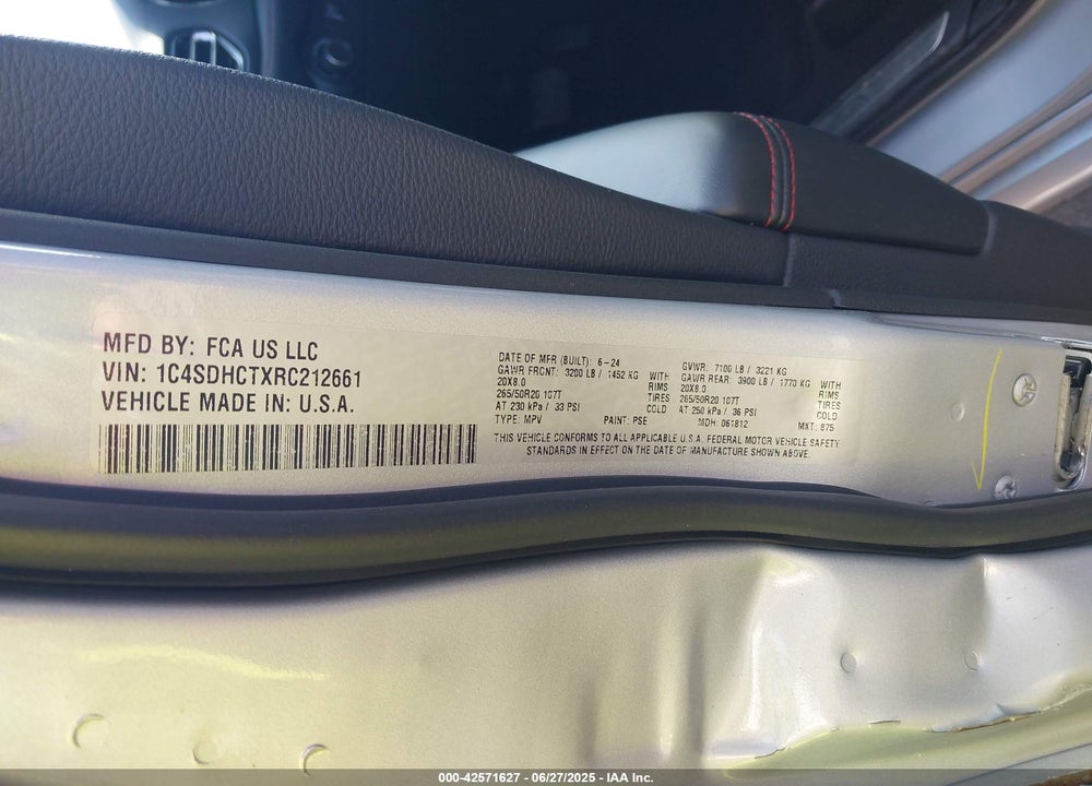 2024 DODGE DURANGO VIN: 1C4SDHCTXRC212661