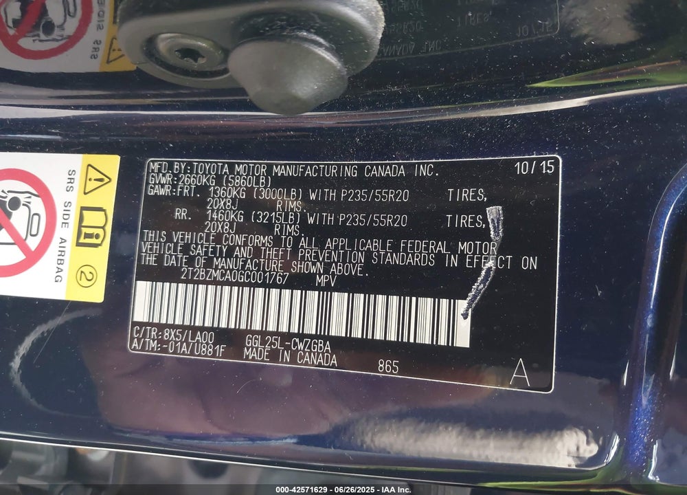 2016 LEXUS RX350 VIN: 2T2BZMCA0GC001767