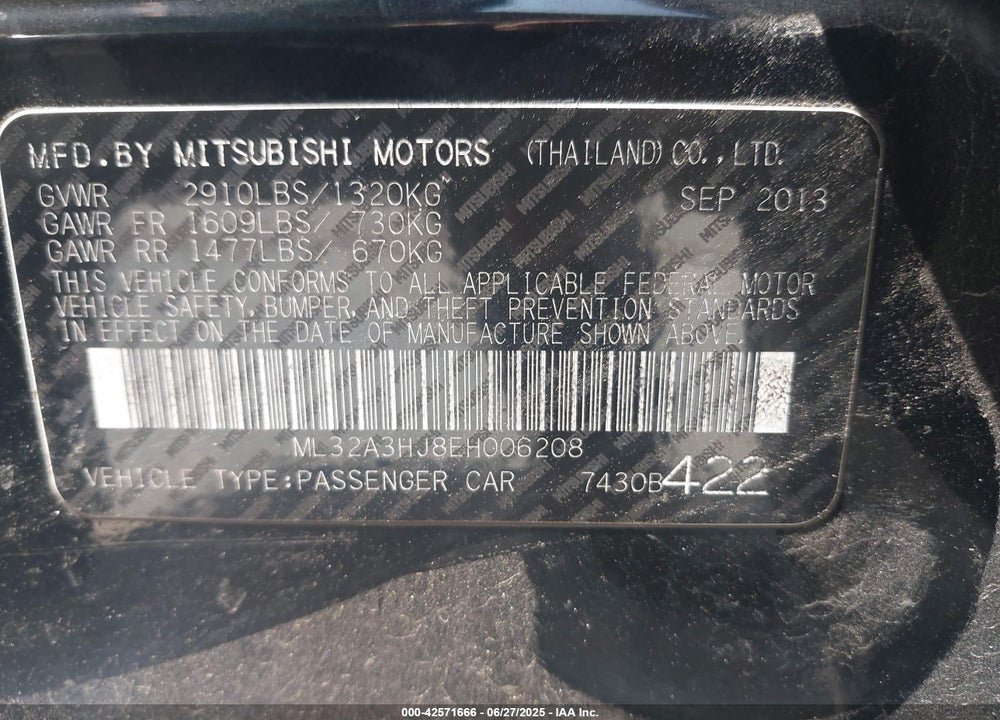 2014 MITSUBISHI MIRAGE VIN: ML32A3HJ8EH006208