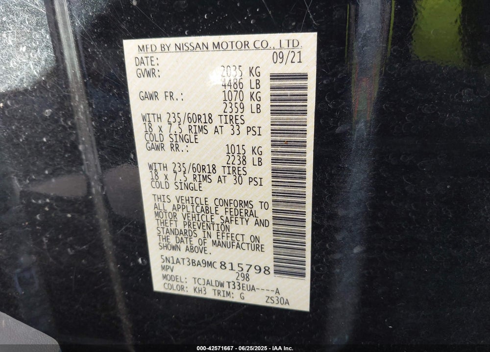 2021 NISSAN ROGUE VIN: 5N1AT3BA9MC815798
