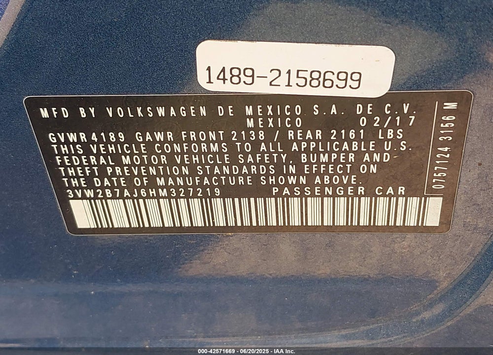 2017 VOLKSWAGEN JETTA VIN: 3VW2B7AJ6HM327219