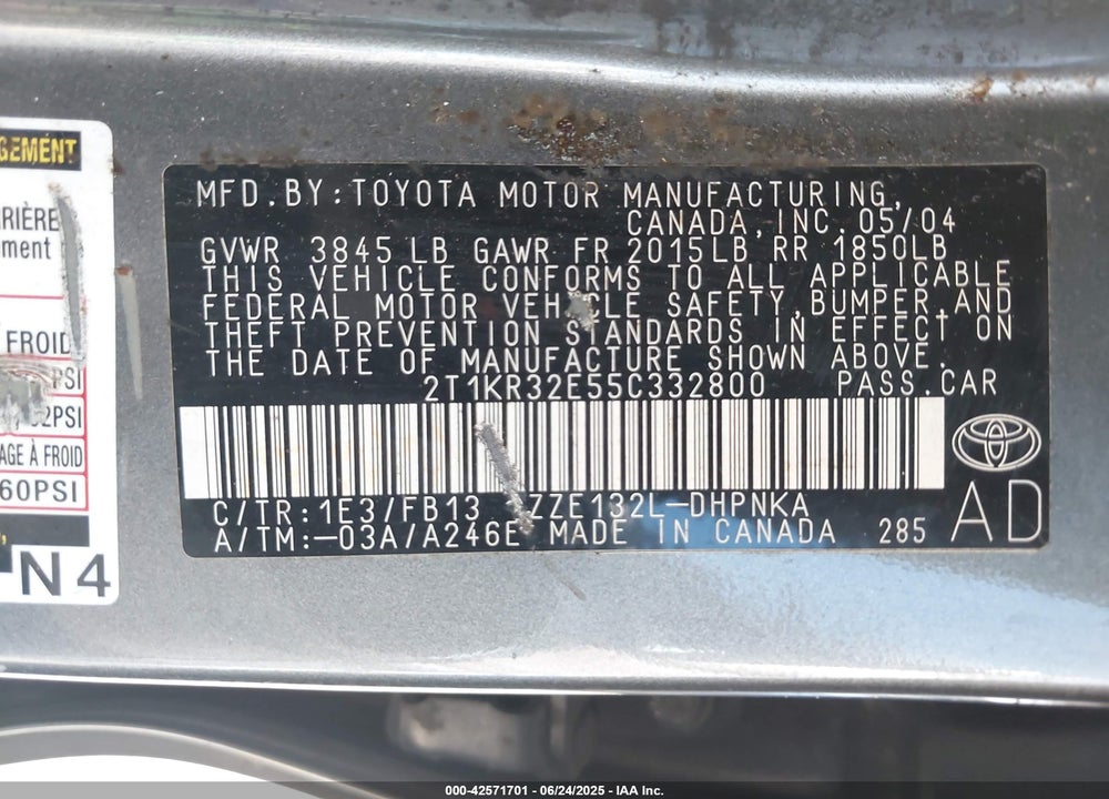 2005 TOYOTA MATRIX VIN: 2T1KR32E55C332800