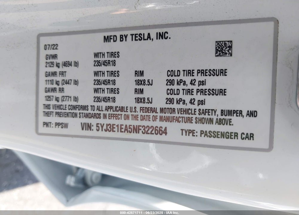 2022 TESLA MODEL 3 VIN: 5YJ3E1EA5NF322664