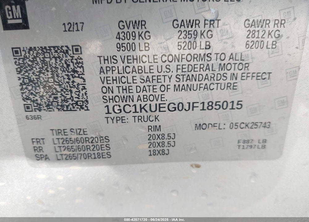2018 CHEVROLET SILVERADO 2500HD VIN: 1GC1KUEG0JF185015