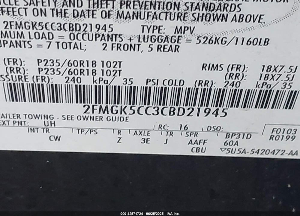 2012 FORD FLEX VIN: 2FMGK5CC3CBD21945