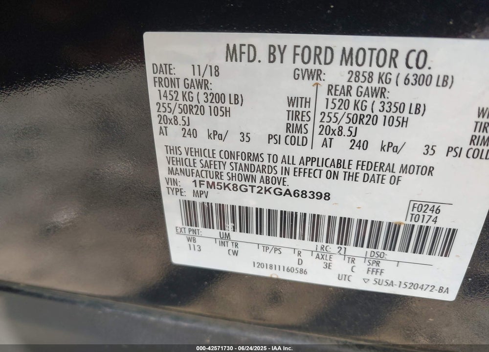 2019 FORD EXPLORER VIN: 1FM5K8GT2KGA68398