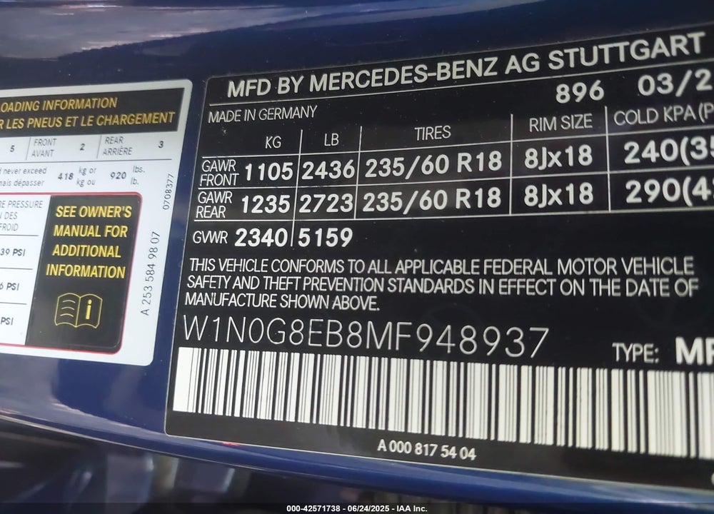 2021 MERCEDES-BENZ GLC CLASS VIN: W1N0G8EB8MF948937
