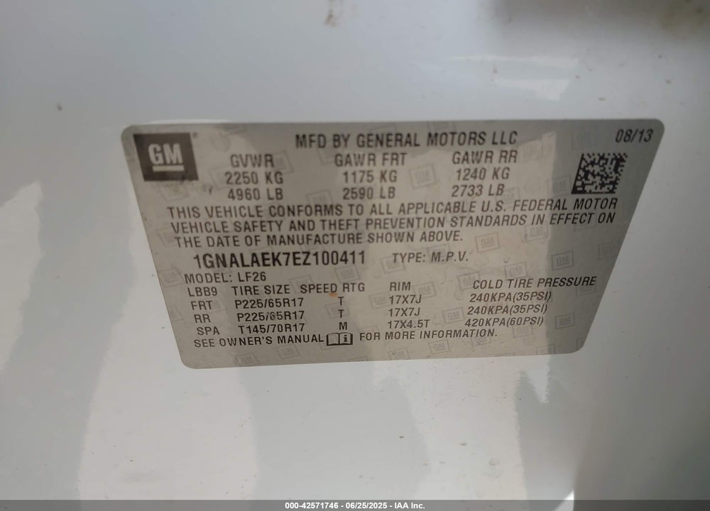 2014 CHEVROLET EQUINOX VIN: 1GNALAEK7EZ100411