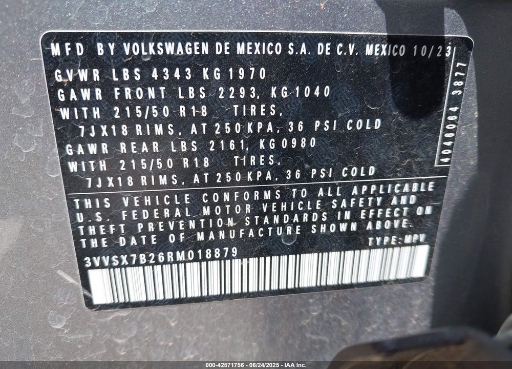 2024 VOLKSWAGEN TAOS VIN: 3VVSX7B26RM018879