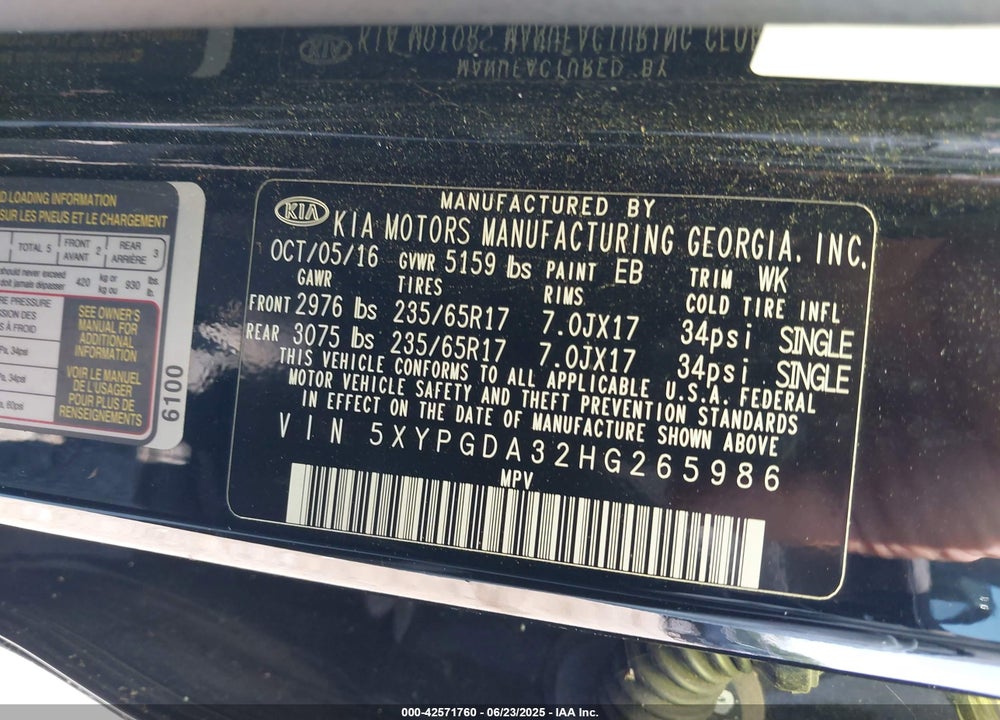 2017 KIA SORENTO 2.4L LX VIN: 5XYPGDA32HG265986