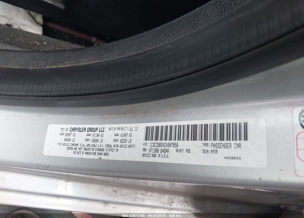 2012 CHRYSLER 200 TOURING VIN: 1C3CCBBGXCN307858