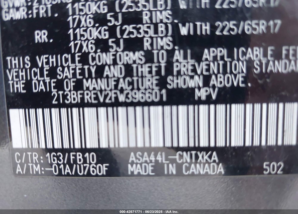 2015 TOYOTA RAV4 VIN: 2T3BFREV2FW396601