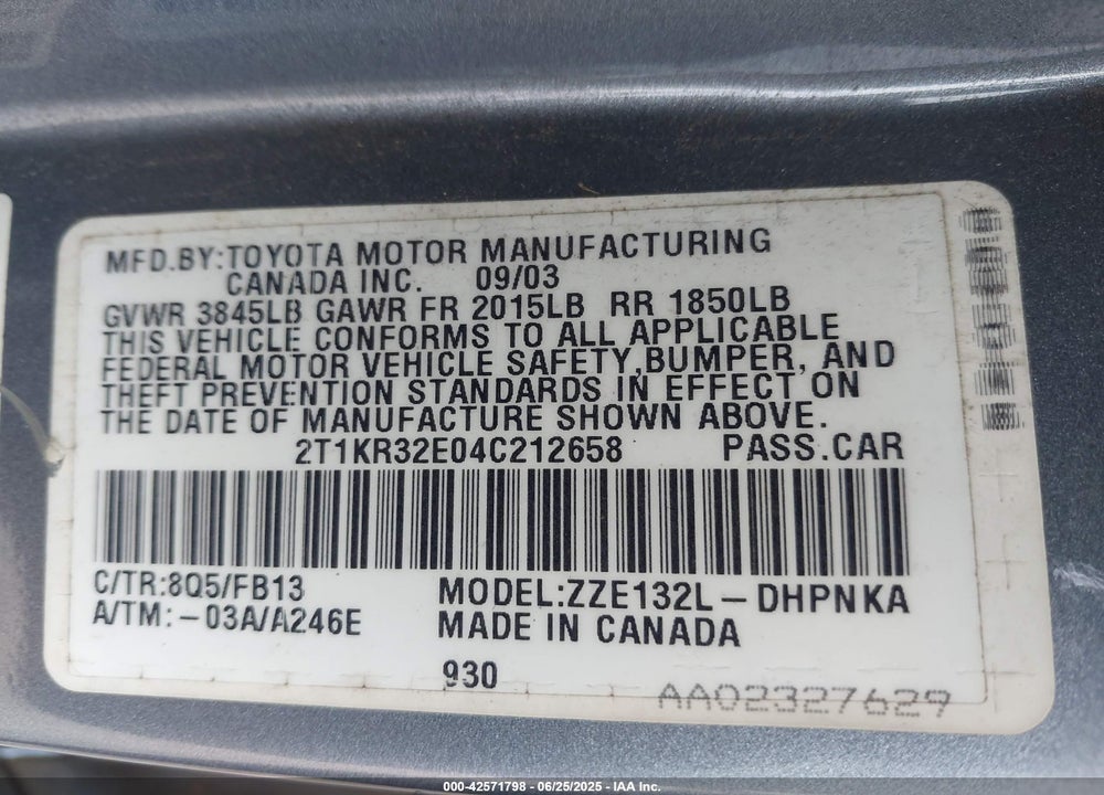 2004 TOYOTA MATRIX/XR VIN: 2T1KR32E04C212658