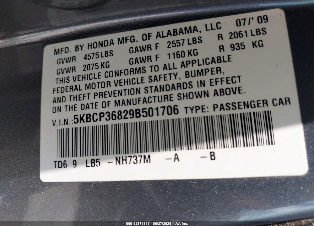 2009 HONDA ACCORD VIN: 5KBCP36829B501706