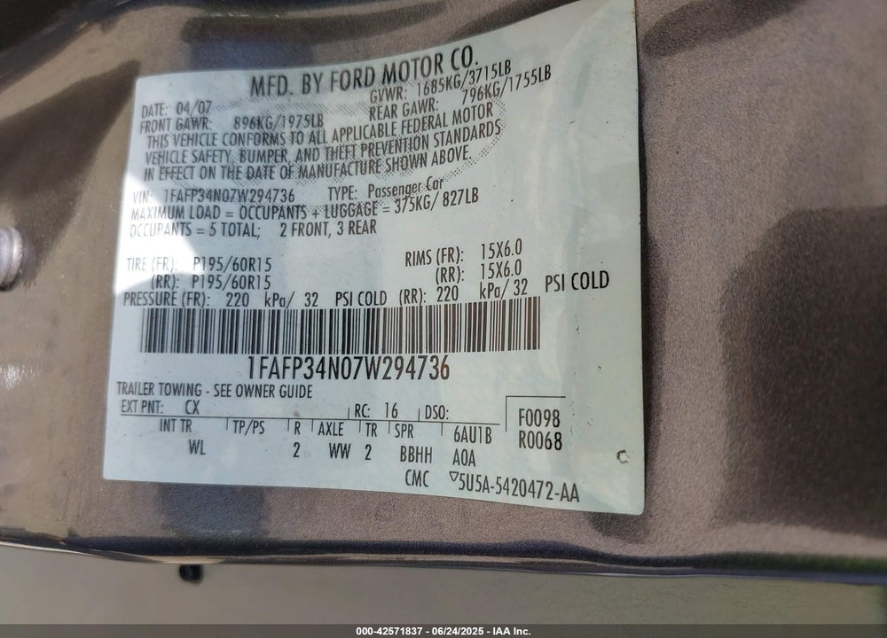 2007 FORD FOCUS S/SE/SES VIN: 1FAFP34N07W294736