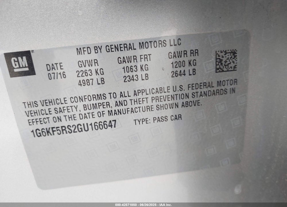 2016 CADILLAC CT6 VIN: 1G6KF5RS2GU166647